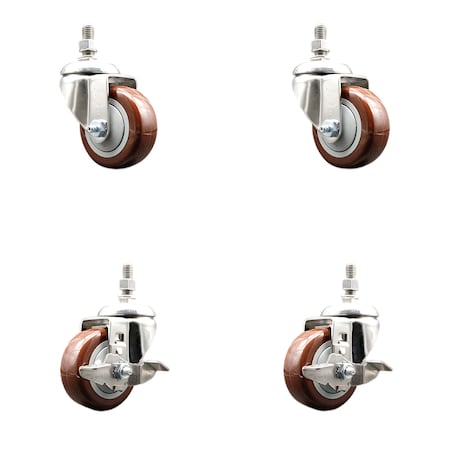 Service Caster 3.5 Inch 316SS Maroon Polyurethane 1/2 Inch Threaded Stem Caster Brakes SCC, 2PK SS316TS20S3514-PPUB-MRN-121315-2TLB2